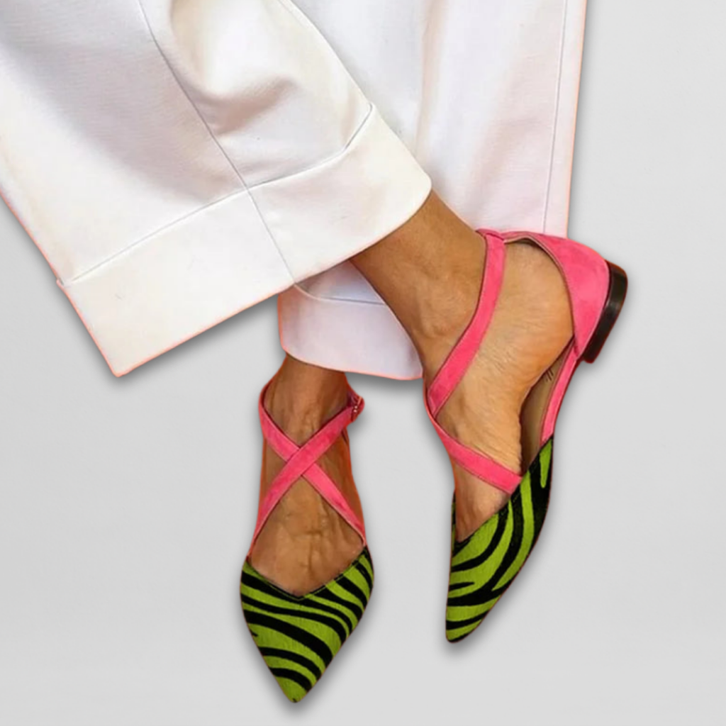 Freja™ | Spidse ballerinaer med zebra-print og krydsremme