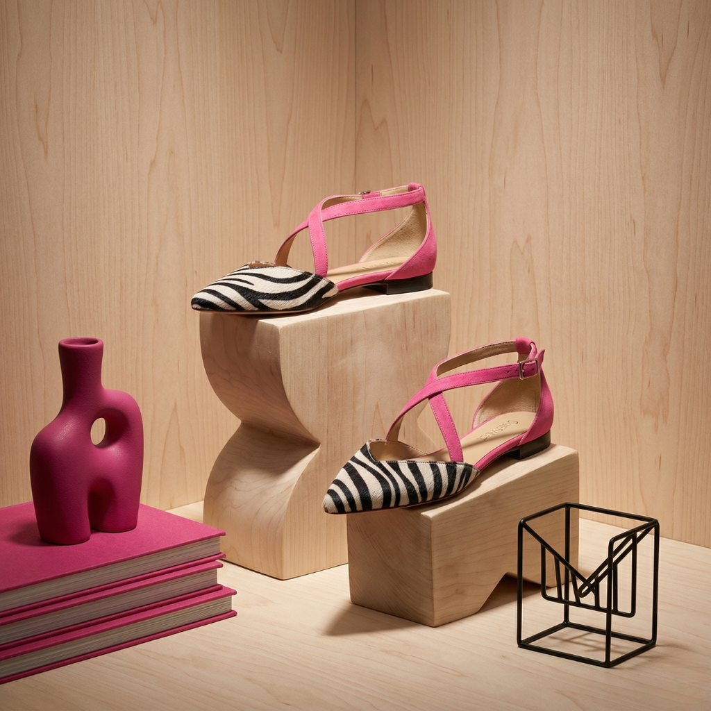 Freja™ | Spidse ballerinaer med zebra-print og krydsremme