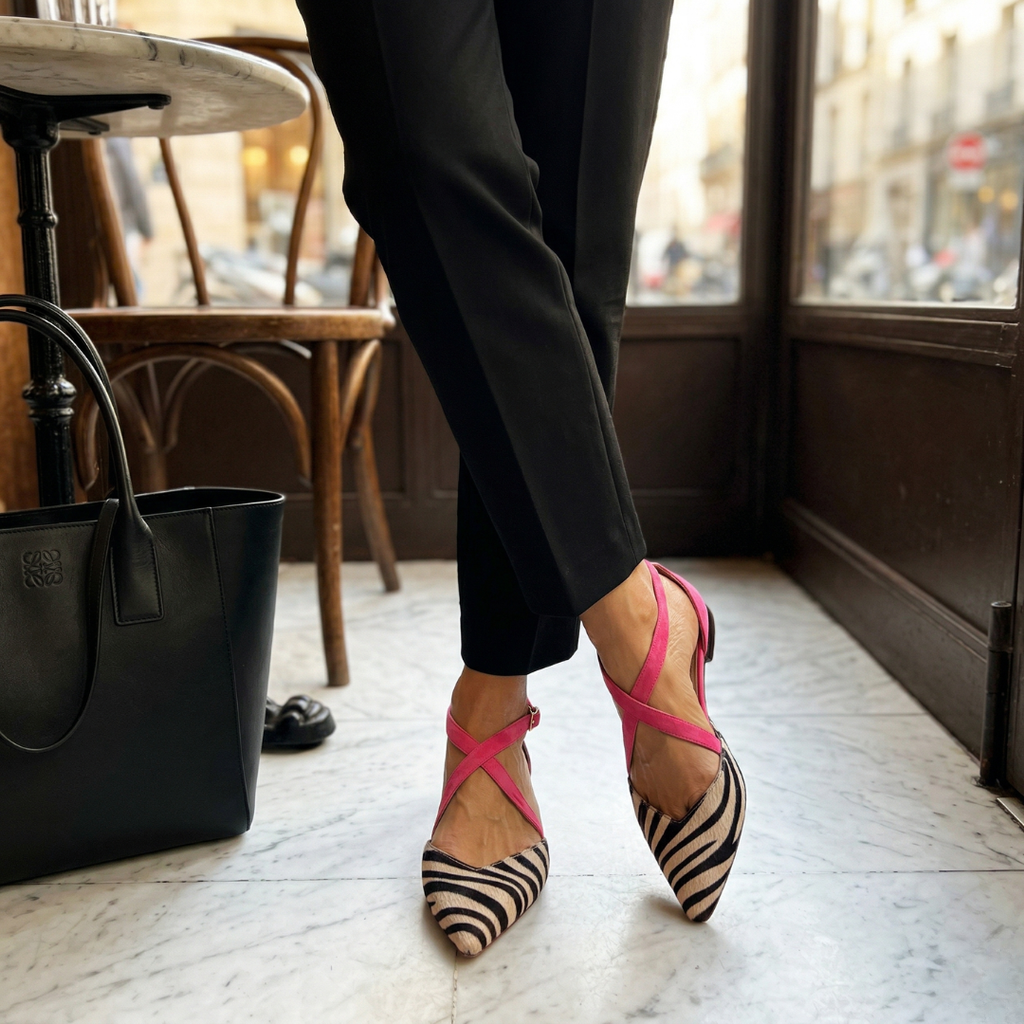 Freja™ | Spidse ballerinaer med zebra-print og krydsremme