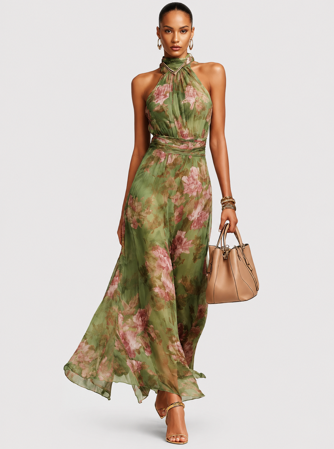 Astrid™ | Lang kjole med halterneck og blomstret chiffonlook
