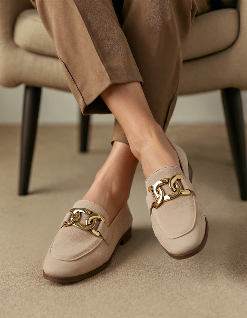 Sofie™ | Loafers i ruskind med elegant guldfarvet detalje