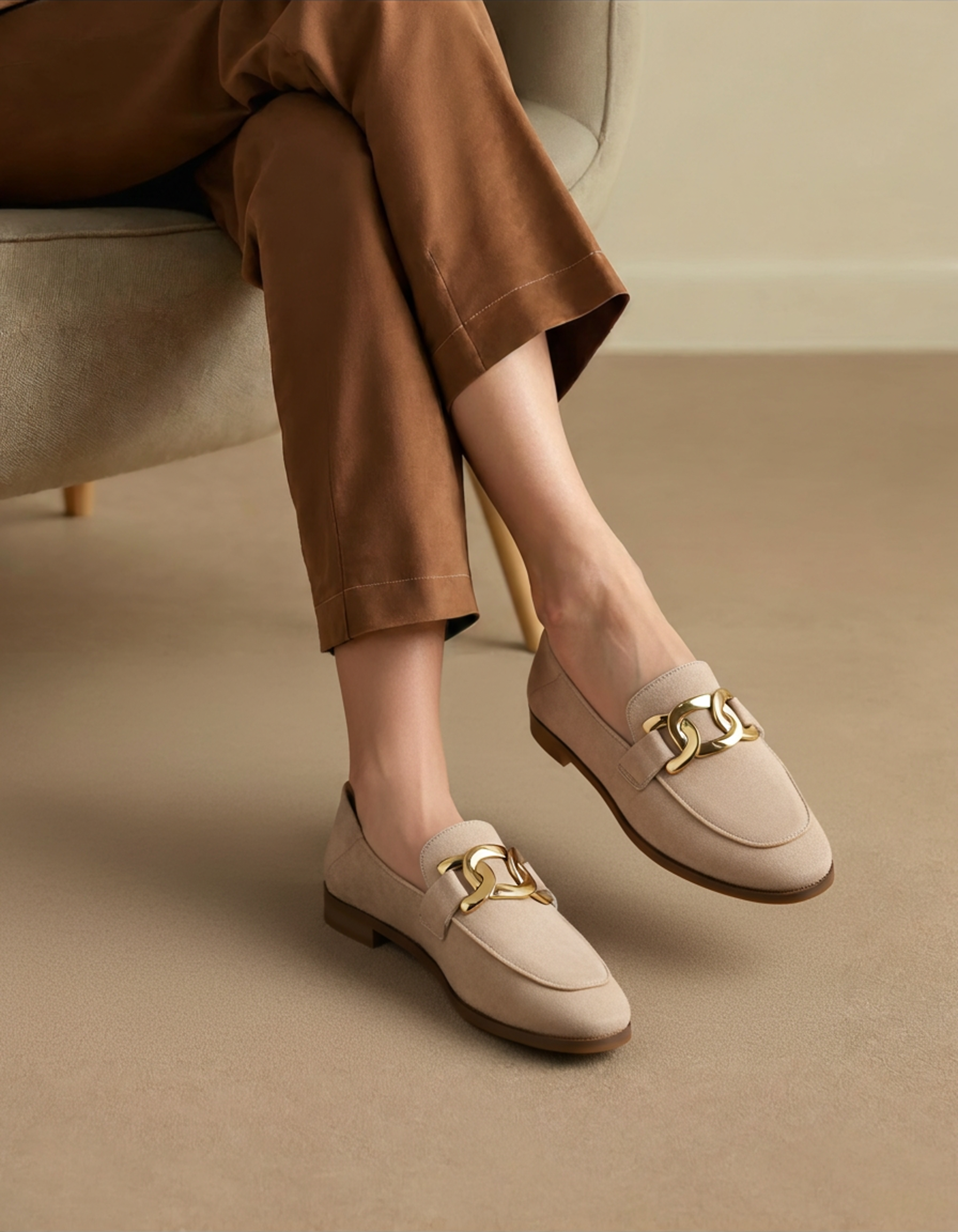 Sofie™ | Loafers i ruskind med elegant guldfarvet detalje